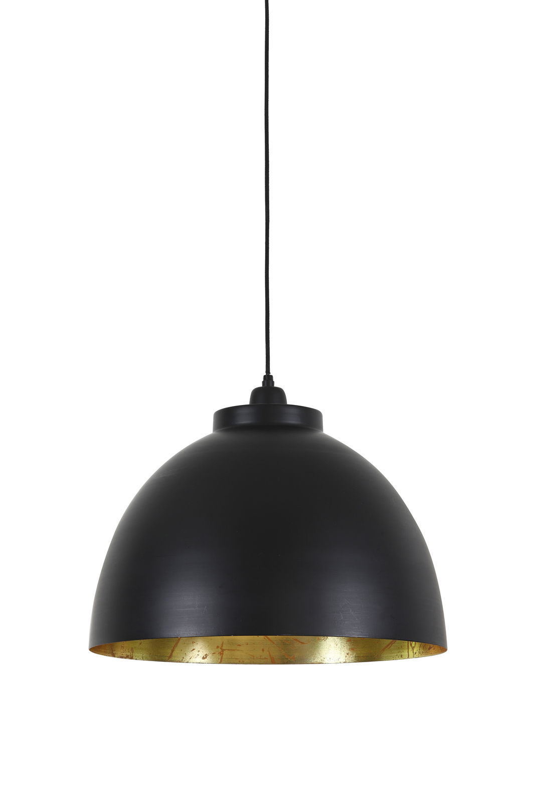 Schwarze Hängeleuchte mit goldener Innenseite, frontal betrachtet.