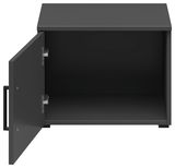 Schwarzer Aufsatzschrank mit geöffneter Tür, Frontansicht