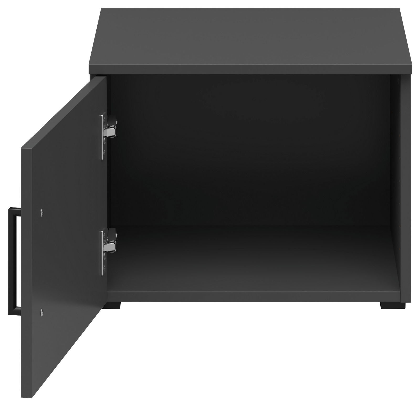 Schwarzer Aufsatzschrank mit geöffneter Tür, Frontansicht