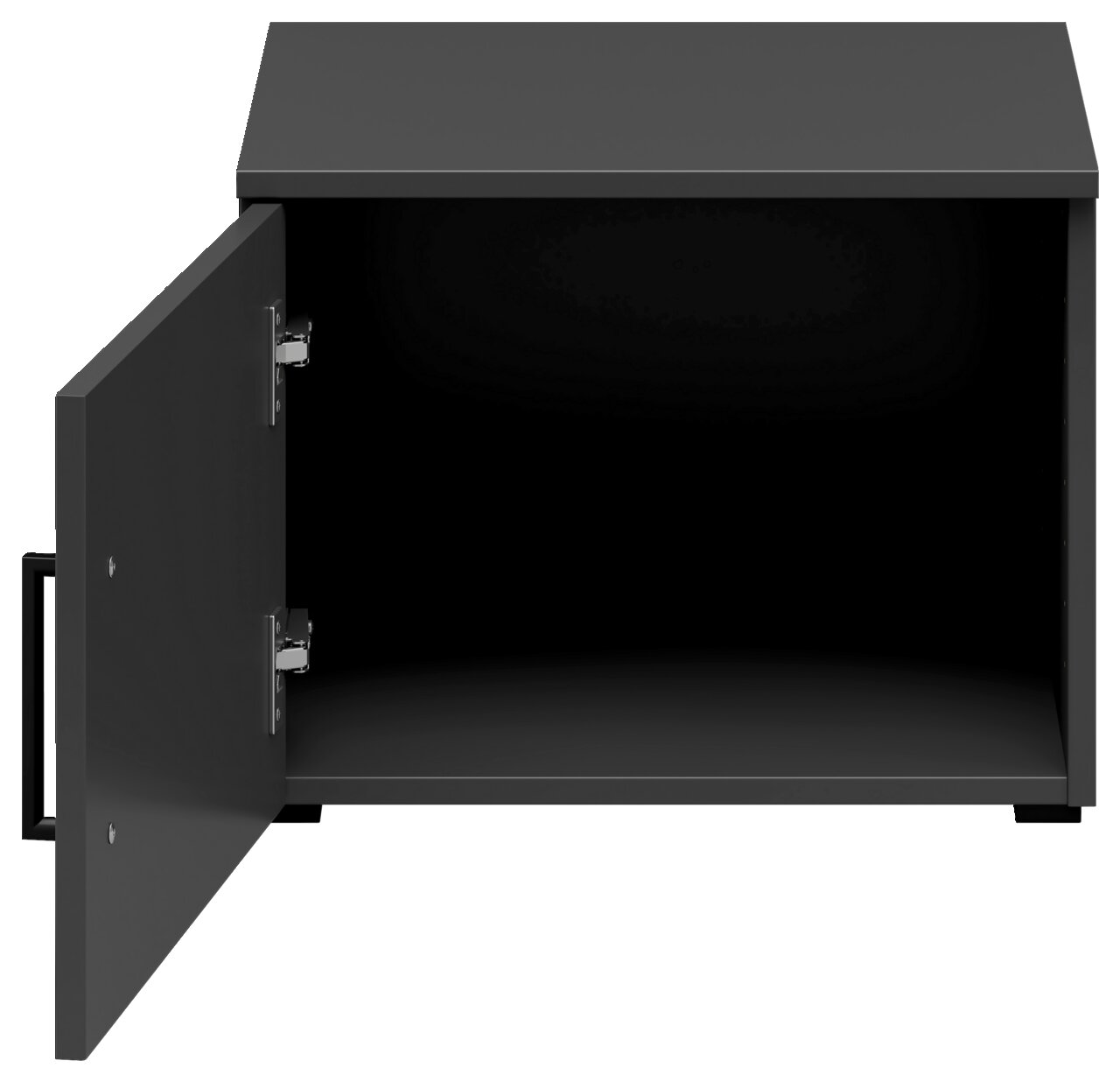 Schwarzer Aufsatzschrank mit geöffneter Tür, Frontansicht