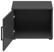 Schwarzer Aufsatzschrank mit geöffneter Tür, Frontansicht