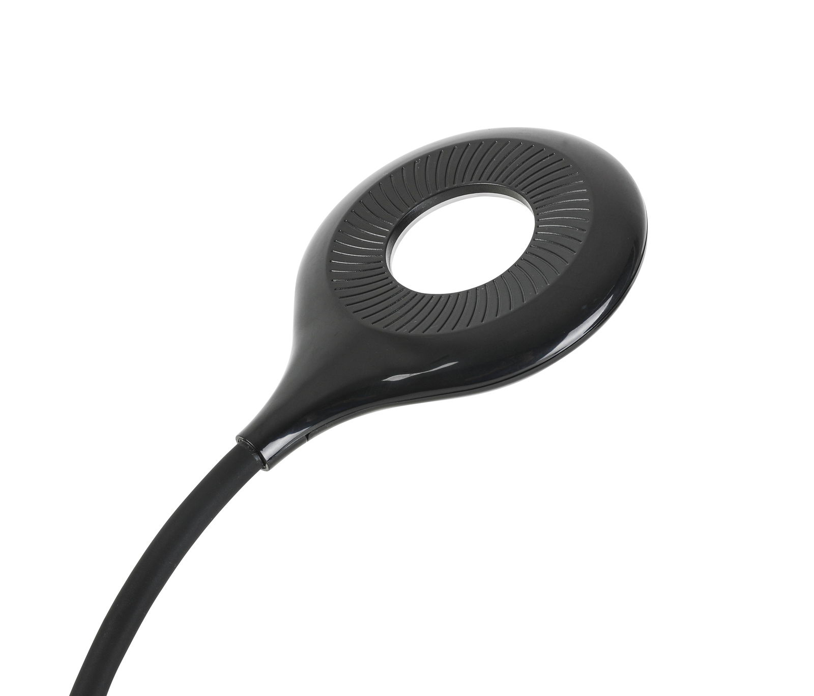 Schwarze LED-Klemmleuchte aus der Vogelperspektive mit rundem, modernem Design.