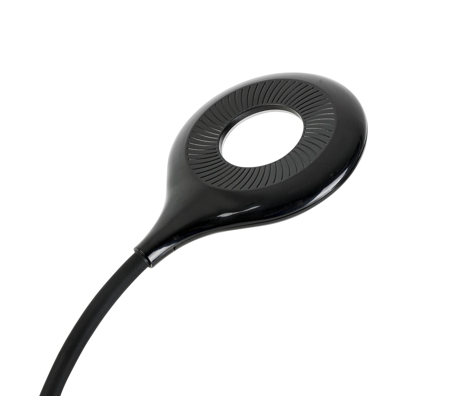 Zwarte LED-klemlamp gezien vanuit vogelperspectief, met een rond, modern ontwerp.