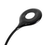 Zwarte LED-klemlamp gezien vanuit vogelperspectief, met een rond, modern ontwerp.