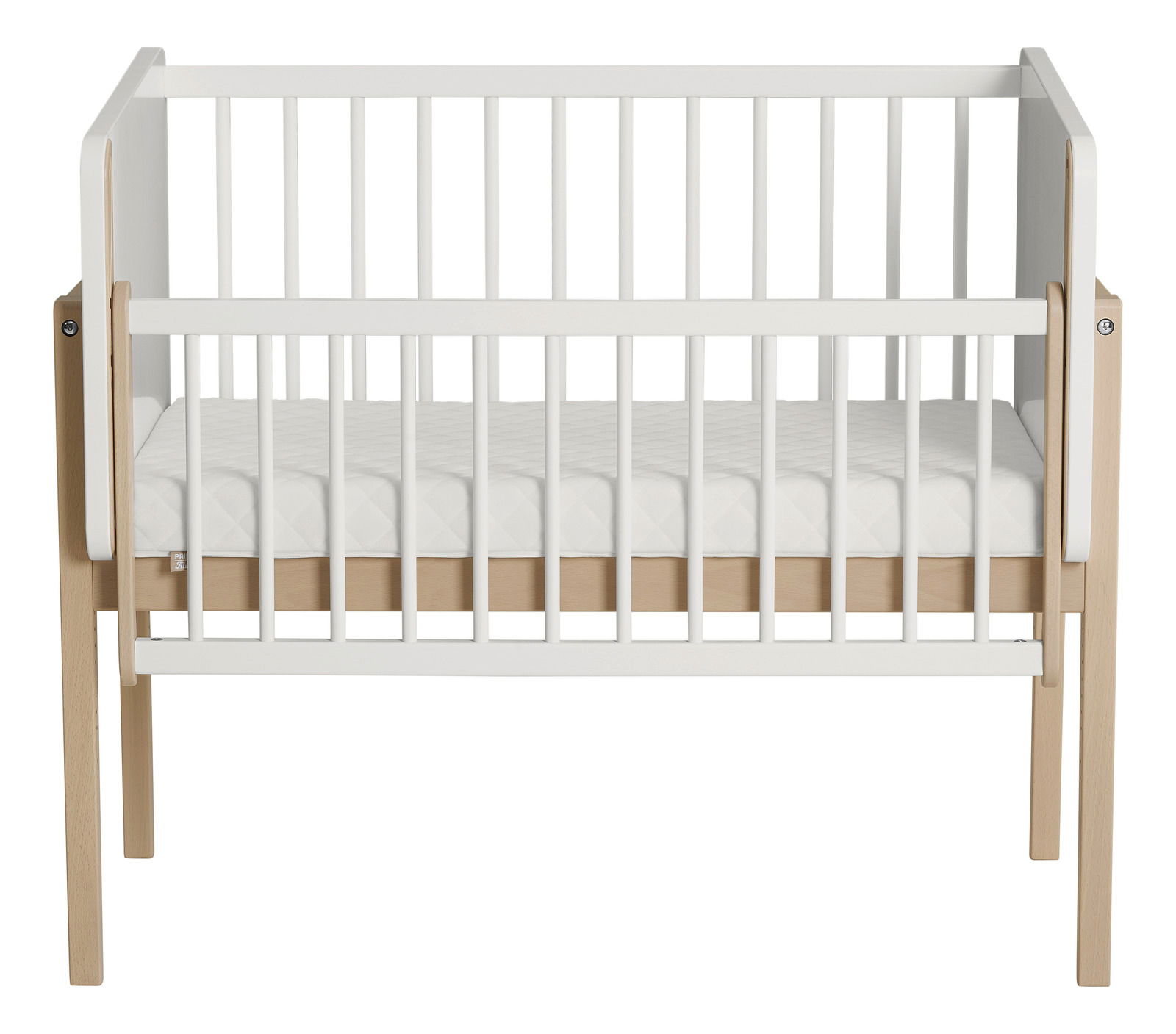 Anstellbett aus Holz mit weißem Gitter, Frontalansicht