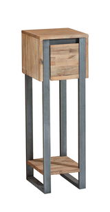 Blumensäule aus Holz und Metall mit quadratischer Ablage, seitliche Perspektive