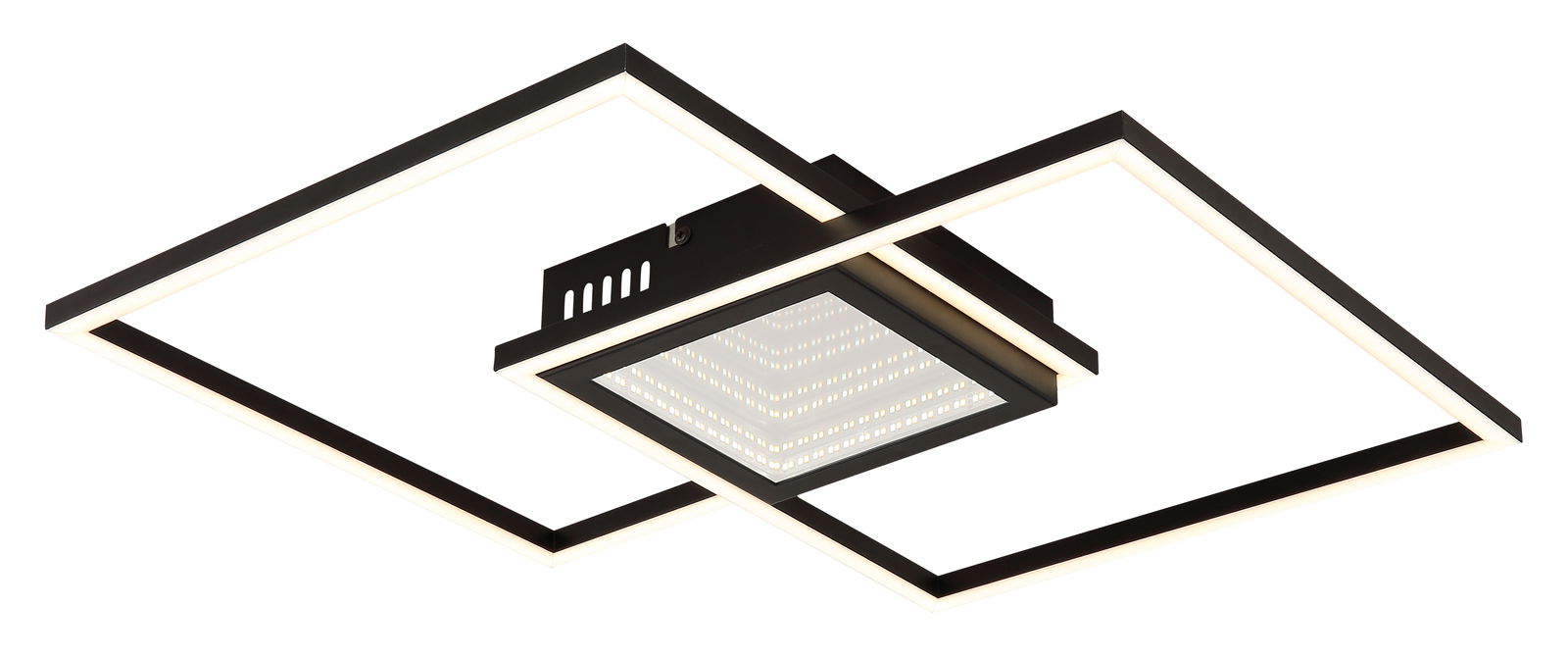 Moderne Deckenleuchte mit quadratischem Design und LED-Beleuchtung, seitliche Perspektive