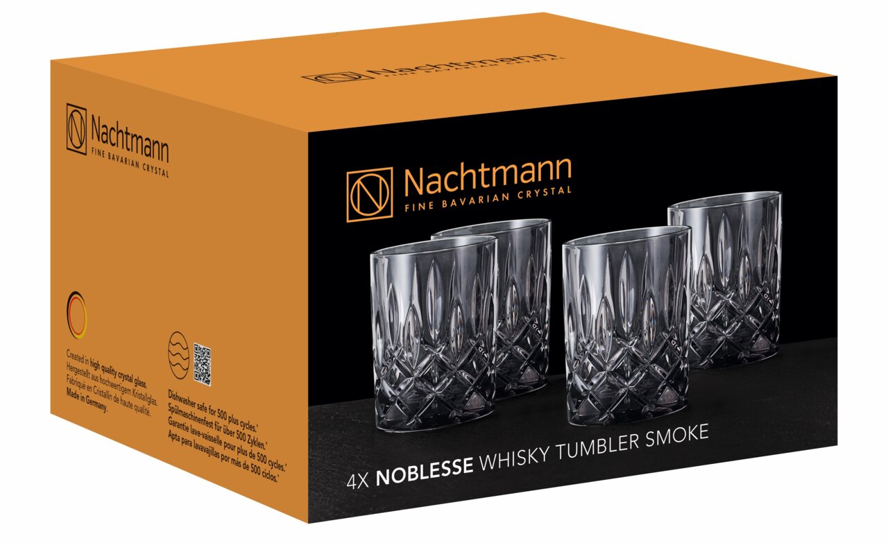 Verpackung des Nachtmann Noblesse Whiskybecher Sets mit vier Kristallgläsern, seitliche Perspektive