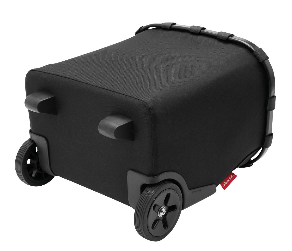 Schwarzer Carrycruiser mit stabilen Rädern und robustem Rahmen, seitliche Perspektive.