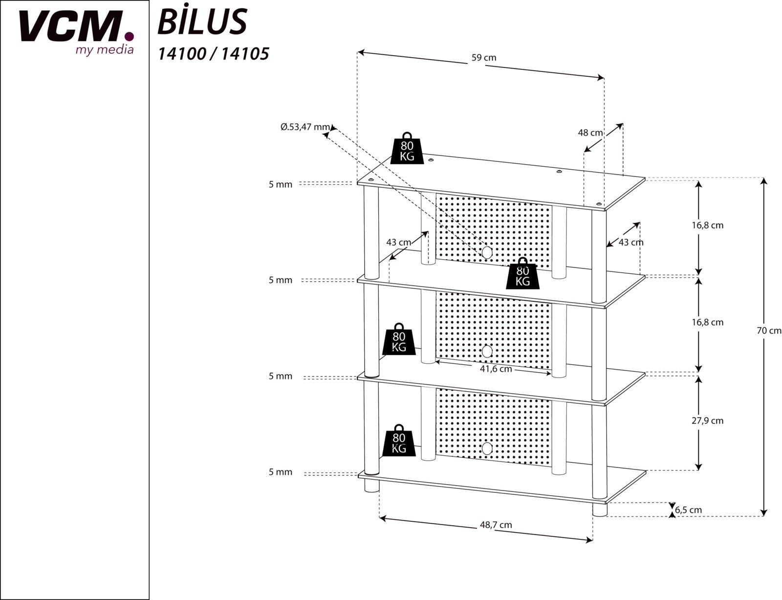 Technische Maßzeichnung des VCM TV-/HiFi-Racks BILUS 14100/14105 mit vier Ablagen, Lochrückwänden und Maßangaben (ca. 59 cm Breite, 70 cm Höhe), perspektivische Seitenansicht.