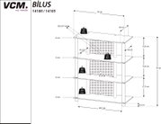 Technische Maßzeichnung des VCM TV-/HiFi-Racks BILUS 14100/14105 mit vier Ablagen, Lochrückwänden und Maßangaben (ca. 59 cm Breite, 70 cm Höhe), perspektivische Seitenansicht.