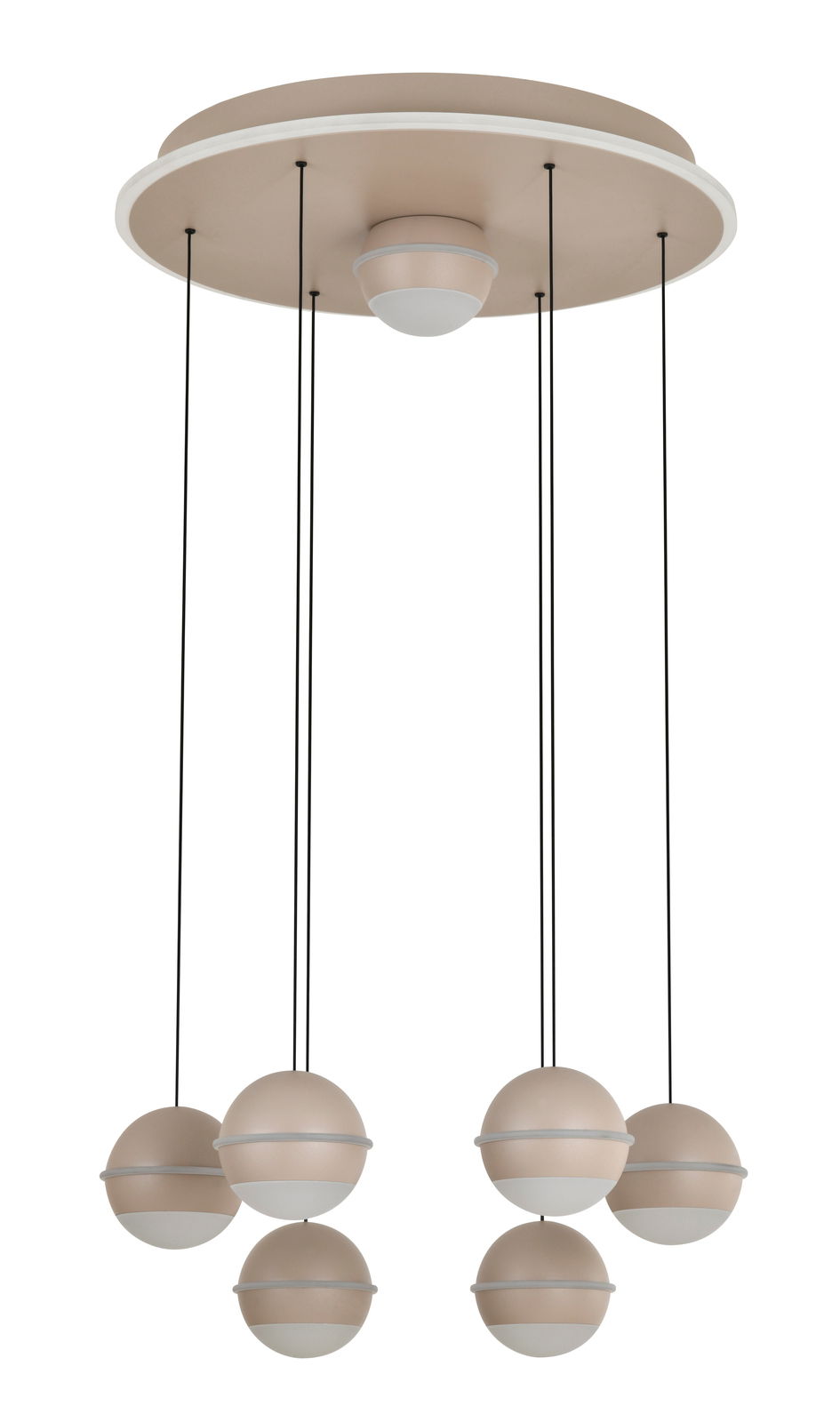 Moderne LED-Pendelleuchte mit sechs kugelförmigen Lampenschirmen, von unten betrachtet.