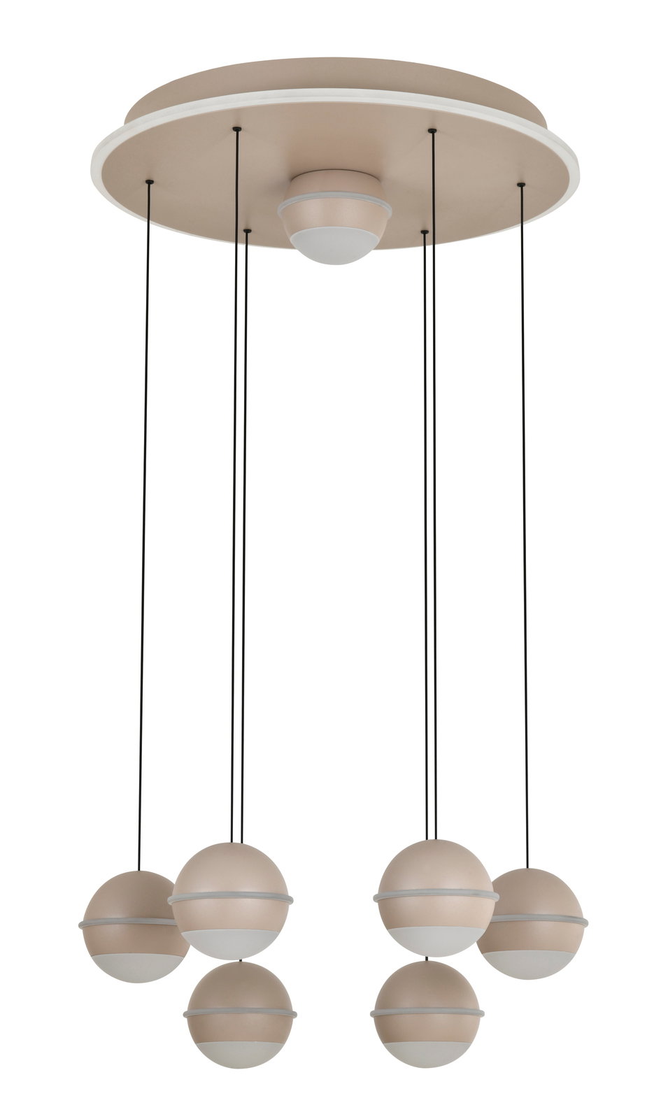Moderne LED-Pendelleuchte mit sechs kugelförmigen Lampenschirmen, von unten betrachtet.