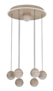 Moderne LED-Pendelleuchte mit sechs kugelförmigen Lampenschirmen, von unten betrachtet.