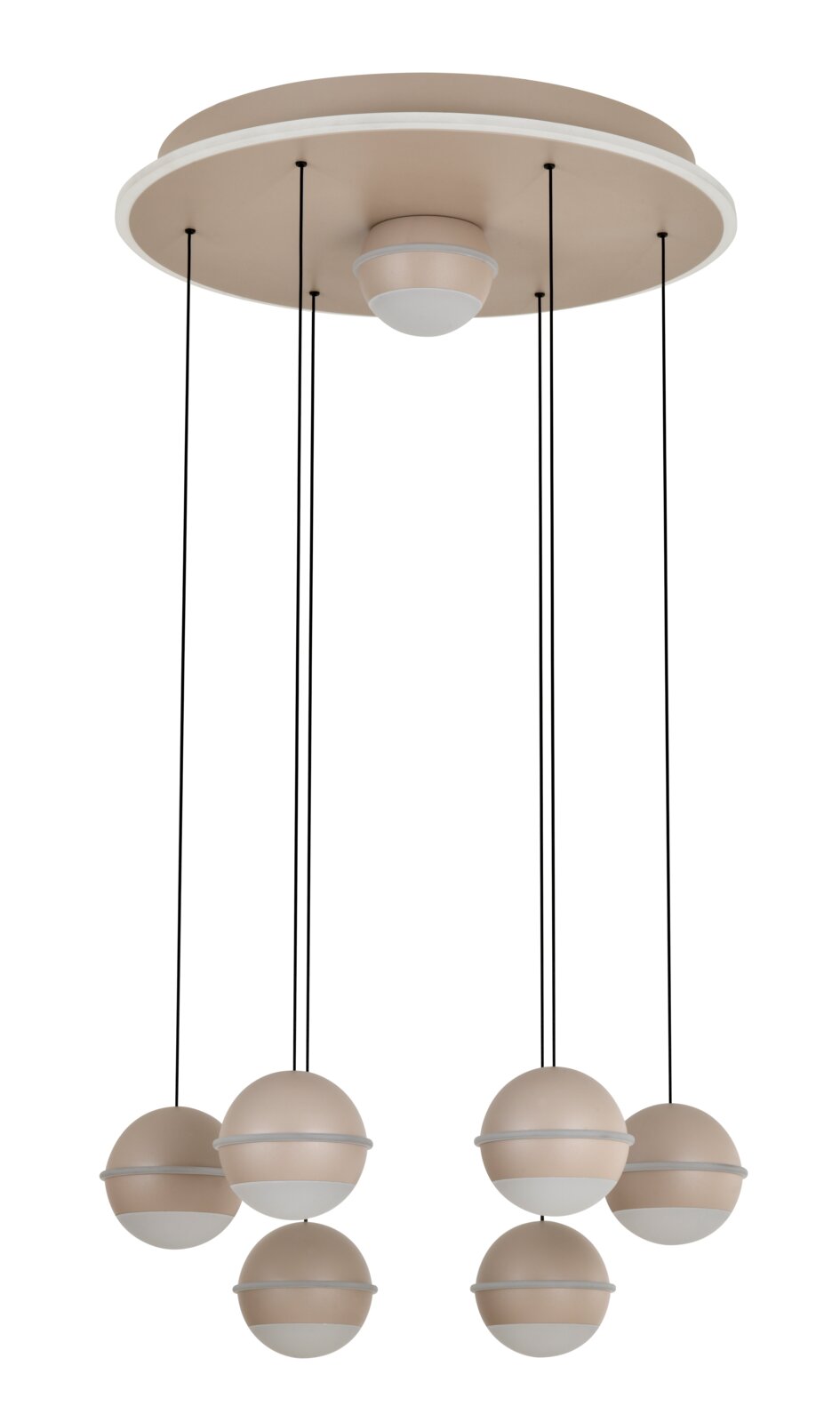 Moderne LED-hanglamp met zes bolvormige lampenkappen, gezien van onderaf.