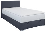 Boxbett 120 in seitlicher Perspektive mit grauem Stoffbezug und weißer Matratze