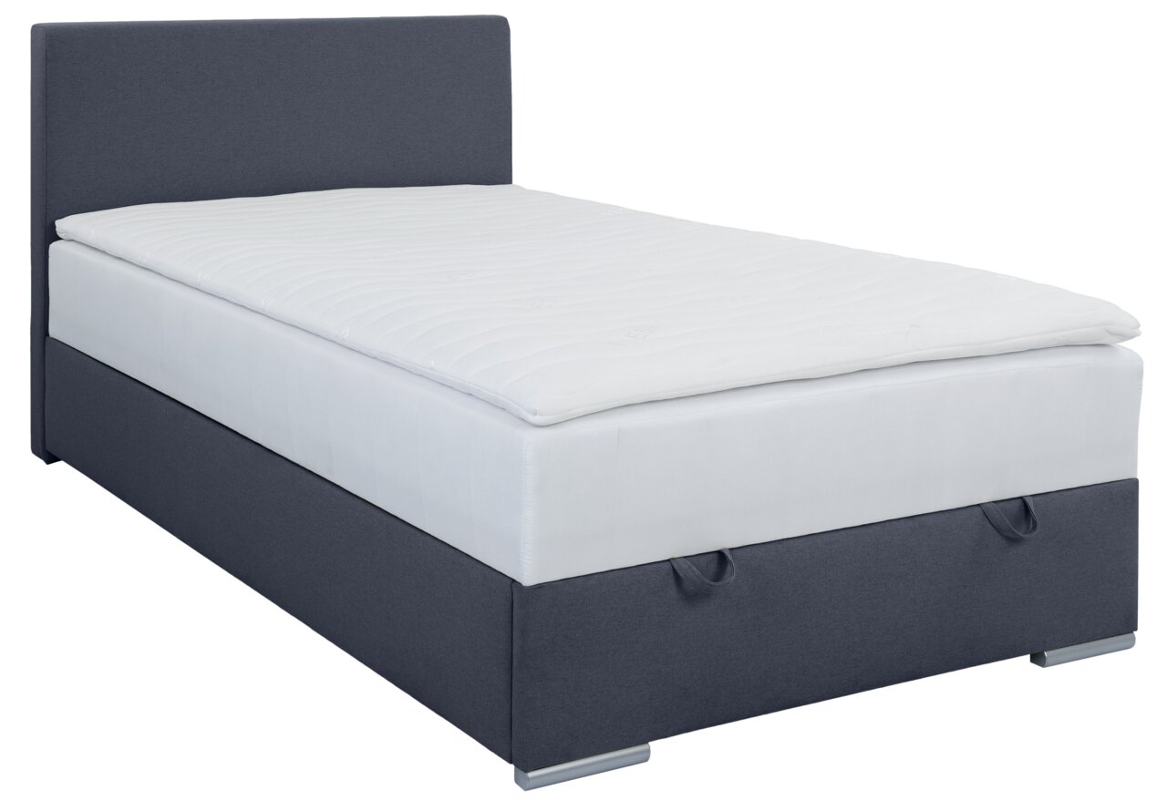 Boxbed 120 in zijaanzicht met grijze stoffen bekleding en wit matras