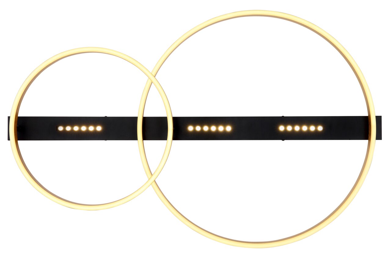 Moderne Deckenleuchte mit zwei überlappenden, leuchtenden Ringen und einer schwarzen Basis, Frontalansicht