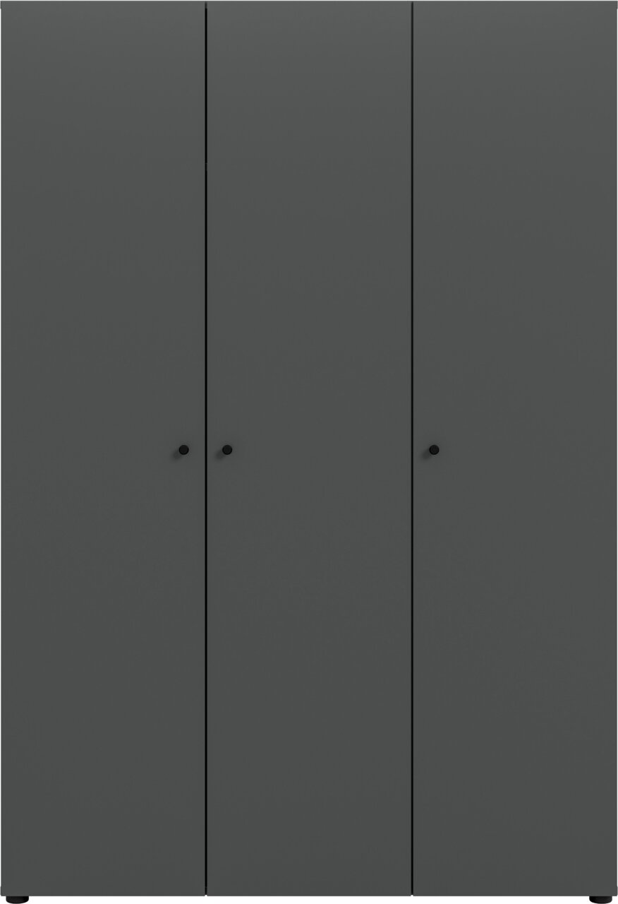 Dunkelgrauer, minimalistischer Kleiderschrank mit drei Türen und runden Griffknöpfen, frontale Ansicht.