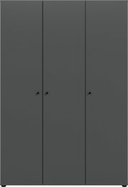 Dunkelgrauer, minimalistischer Kleiderschrank mit drei Türen und runden Griffknöpfen, frontale Ansicht.