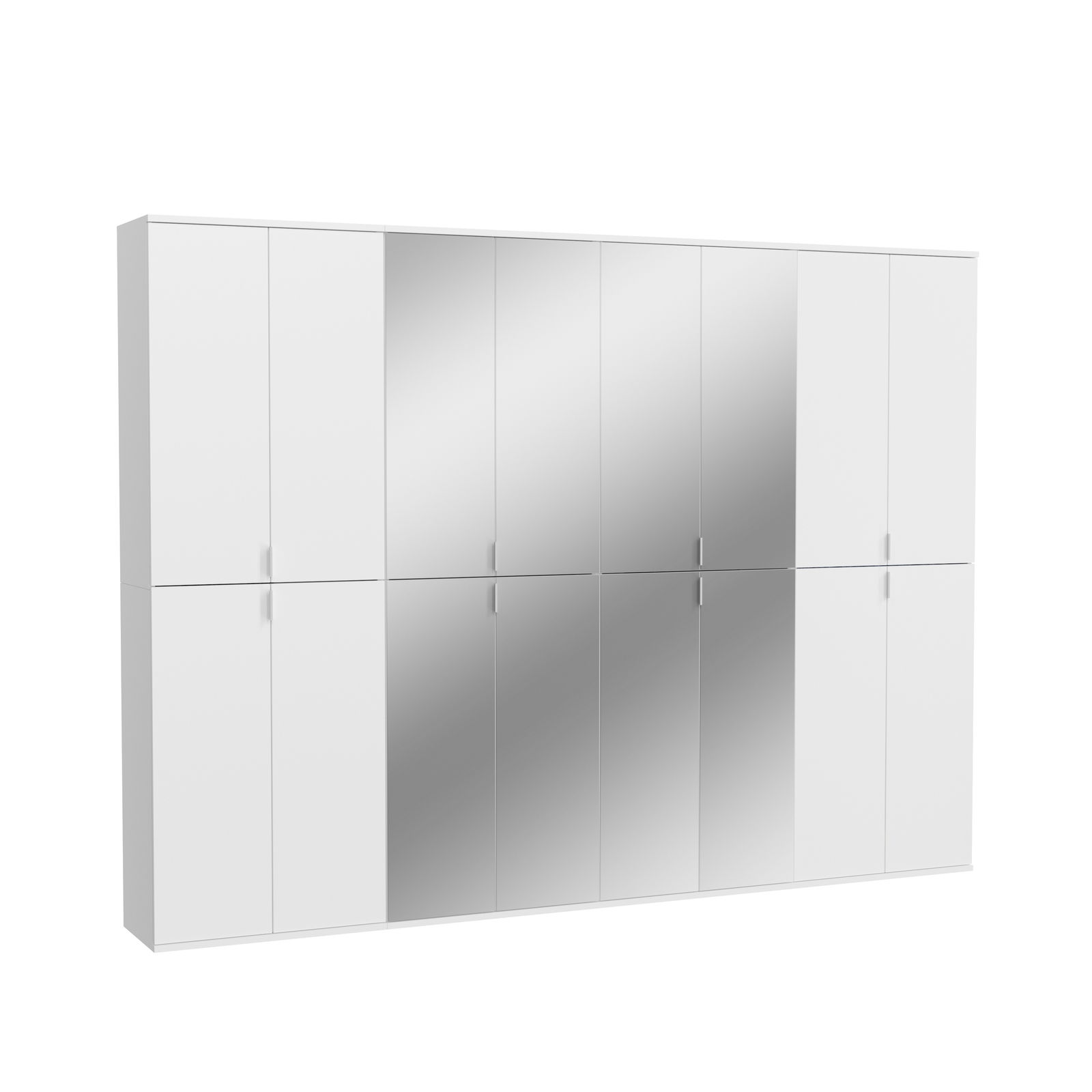 Weiße Garderobenkombination mit mehreren Türen, teilweise mit Spiegeln, in Frontalansicht.
