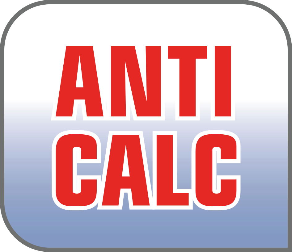 Logo mit der Aufschrift 'ANTI CALC' in roter Schrift auf blau-weißem Hintergrund, Vorderansicht