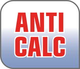 Logo mit der Aufschrift 'ANTI CALC' in roter Schrift auf blau-weißem Hintergrund, Vorderansicht