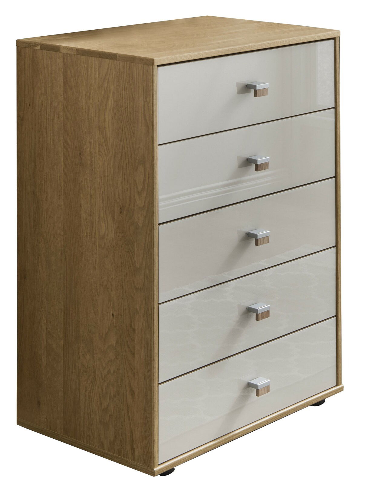 Schubkastenkommode aus Holz mit fünf Schubladen, seitliche Perspektive