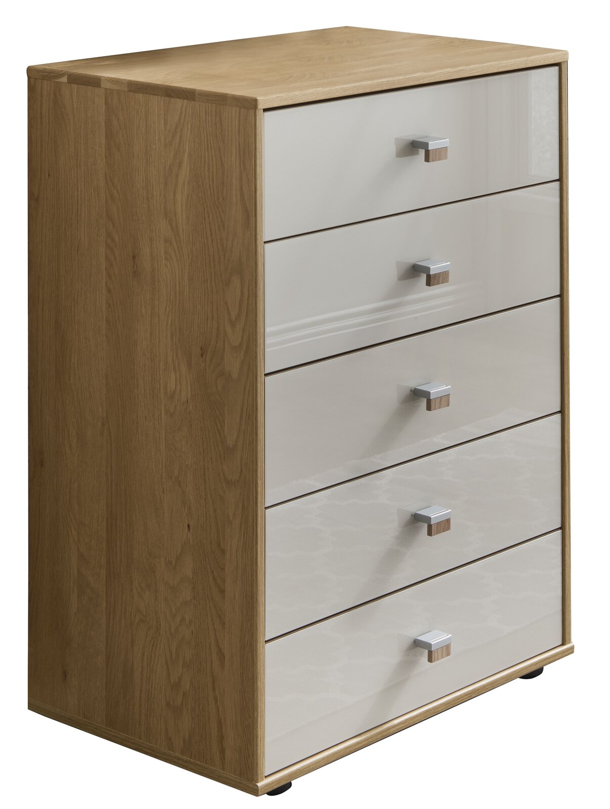 Schubkastenkommode aus Holz mit fünf Schubladen, seitliche Perspektive