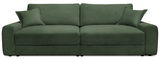 Großes, grünes Big-Sofa mit geripptem Stoffbezug, frontal fotografiert, inklusive zwei passenden Kissen.