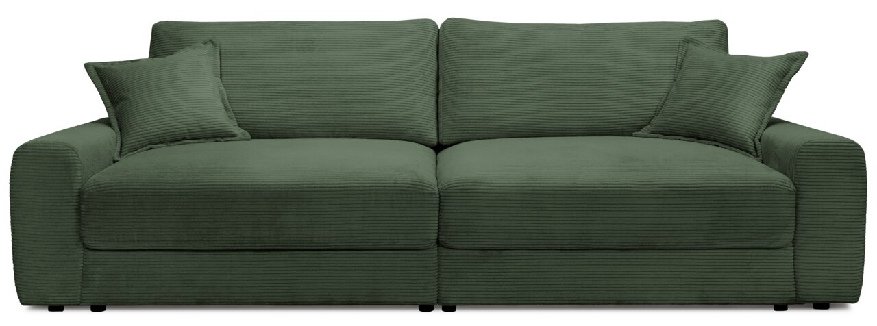 Großes, grünes Big-Sofa mit geripptem Stoffbezug, frontal fotografiert, inklusive zwei passenden Kissen.
