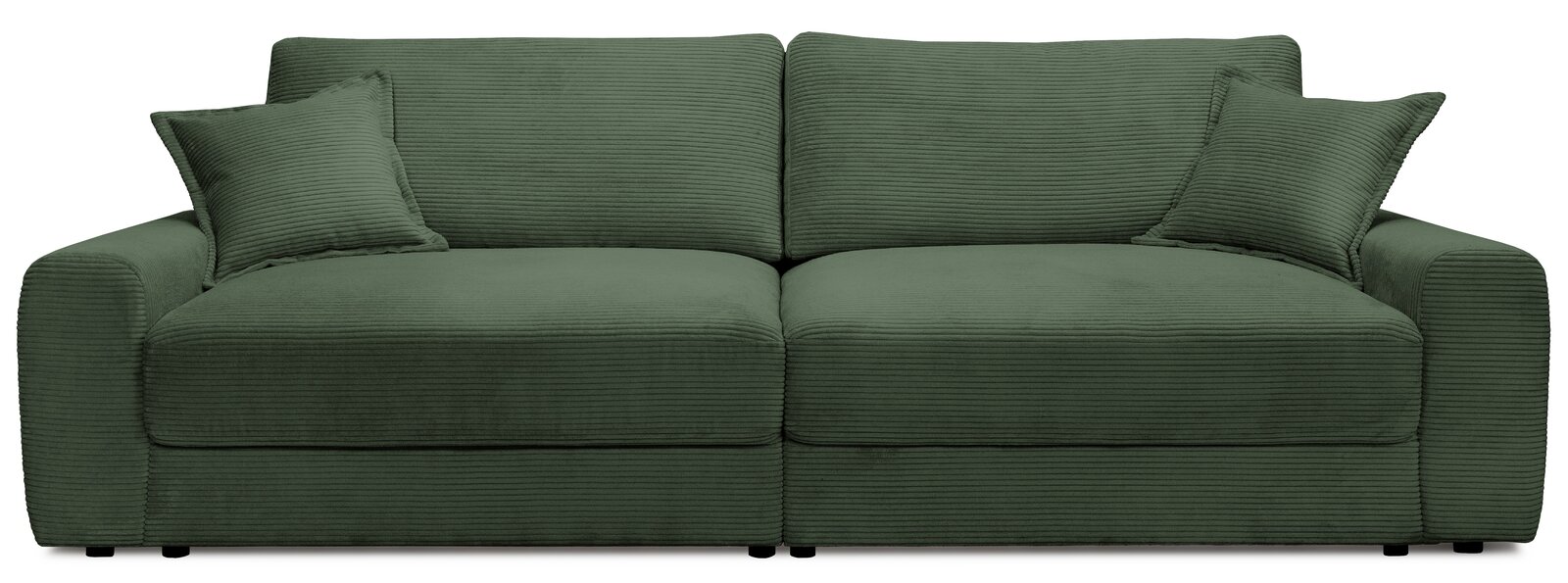 Großes, grünes Big-Sofa mit geripptem Stoffbezug, frontal fotografiert, inklusive zwei passenden Kissen.