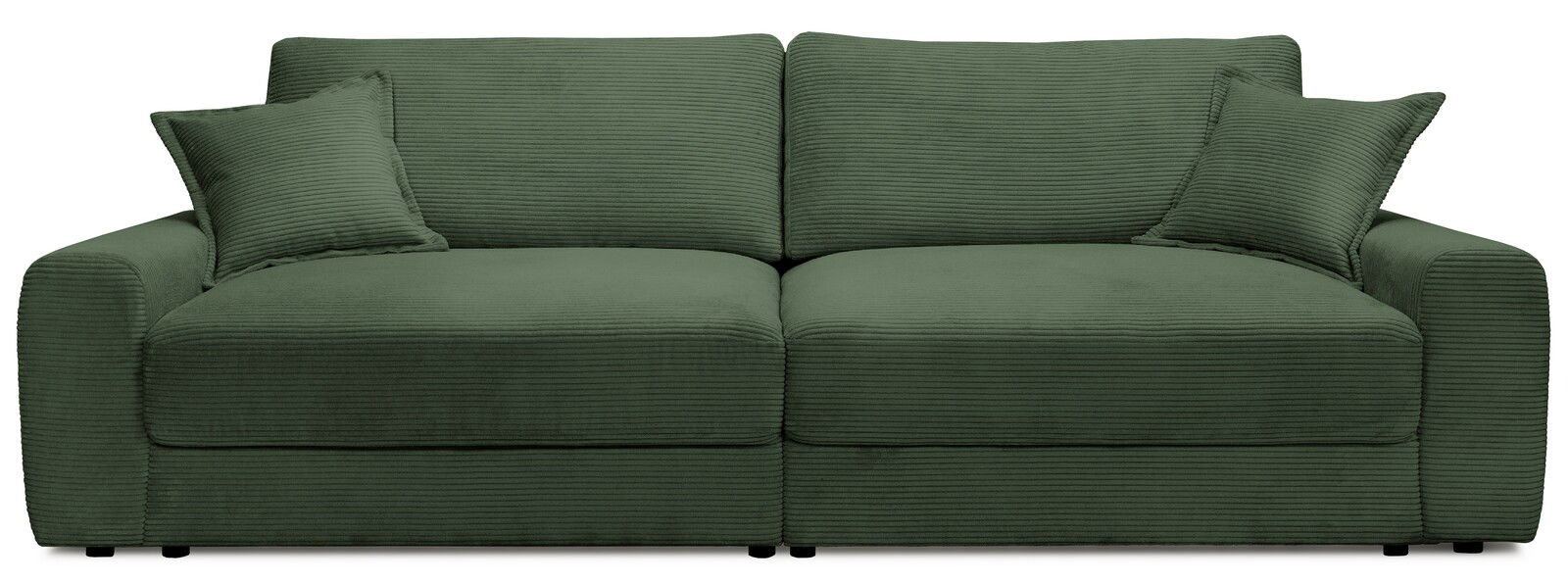 Großes, grünes Big-Sofa mit geripptem Stoffbezug, frontal fotografiert, inklusive zwei passenden Kissen.