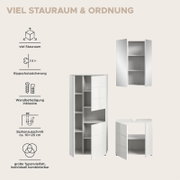 Badezimmerschrank-Kombination mit viel Stauraum, Kippschutzsicherung und Wandbefestigung, perspektivisch von vorne gezeigt.
