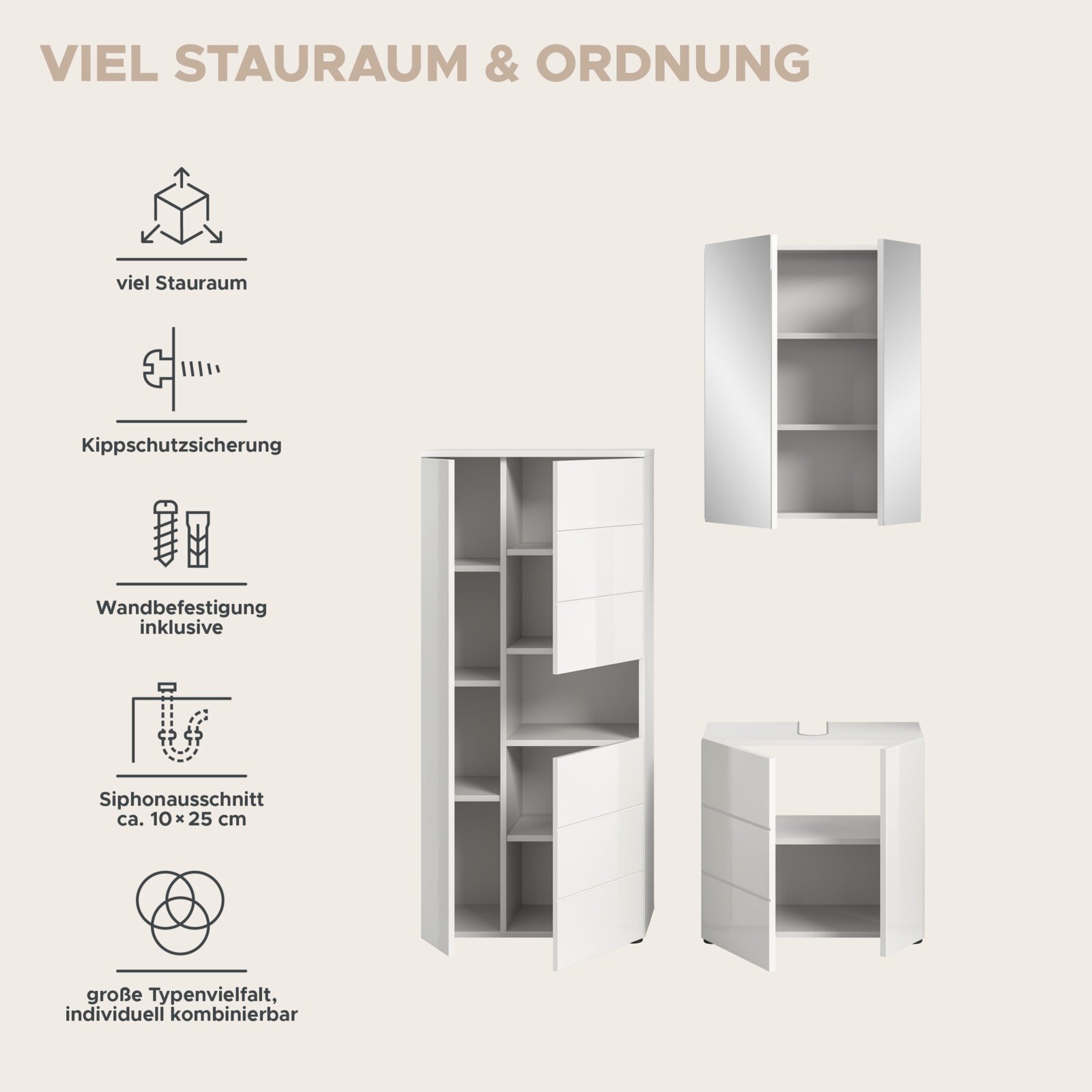 Badezimmerschrank-Kombination mit viel Stauraum, Kippschutzsicherung und Wandbefestigung, perspektivisch von vorne gezeigt.