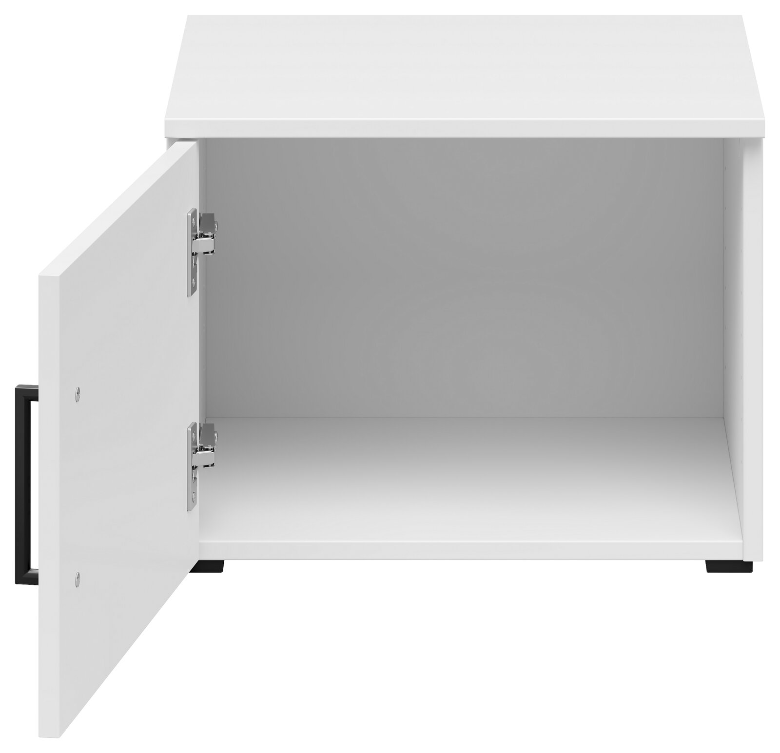 Weißer Aufsatzschrank mit geöffneter Tür, Frontansicht