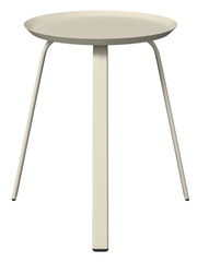 Moderner Beistelltisch mit runder, flacher Tischplatte und drei schlanken Beinen, frontal betrachtet.