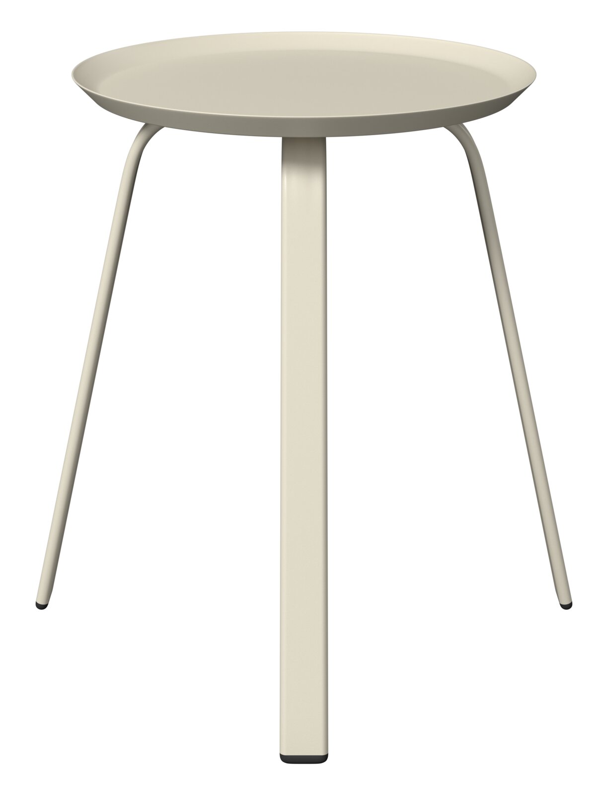 Moderner Beistelltisch mit runder, flacher Tischplatte und drei schlanken Beinen, frontal betrachtet.