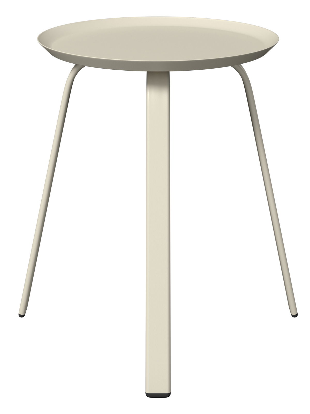 Moderner Beistelltisch mit runder, flacher Tischplatte und drei schlanken Beinen, frontal betrachtet.