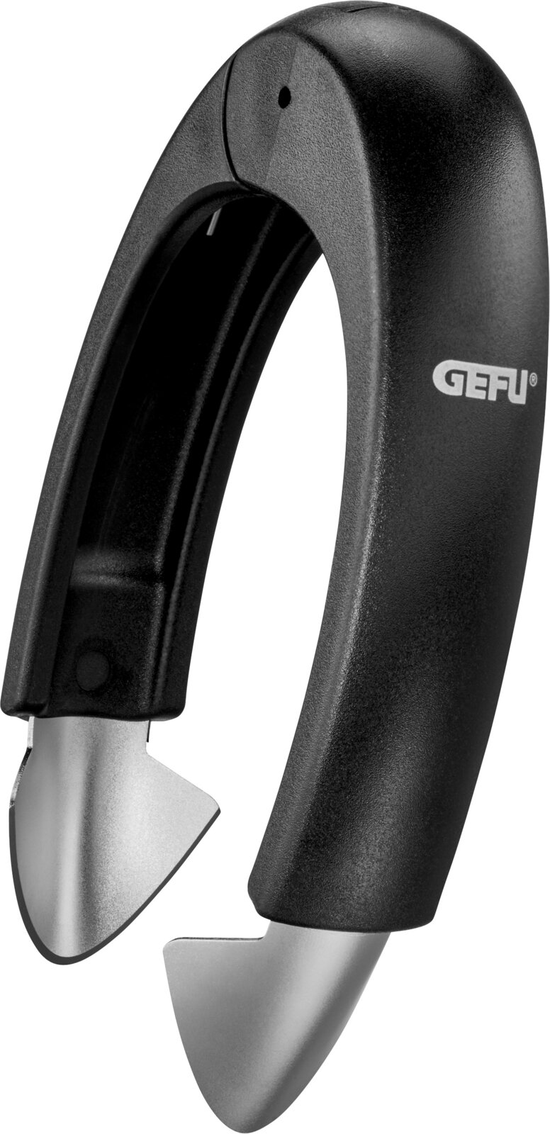 Zwarte GEFU knoflookpers met metalen perskop, productfoto in close-up schuin vooraanzicht