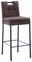 Barhocker mit gepolstertem braunem Sitz und Rückenlehne, schwarzes Metallgestell, seitliche Perspektive