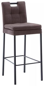 Barhocker mit gepolstertem braunem Sitz und Rückenlehne, schwarzes Metallgestell, seitliche Perspektive