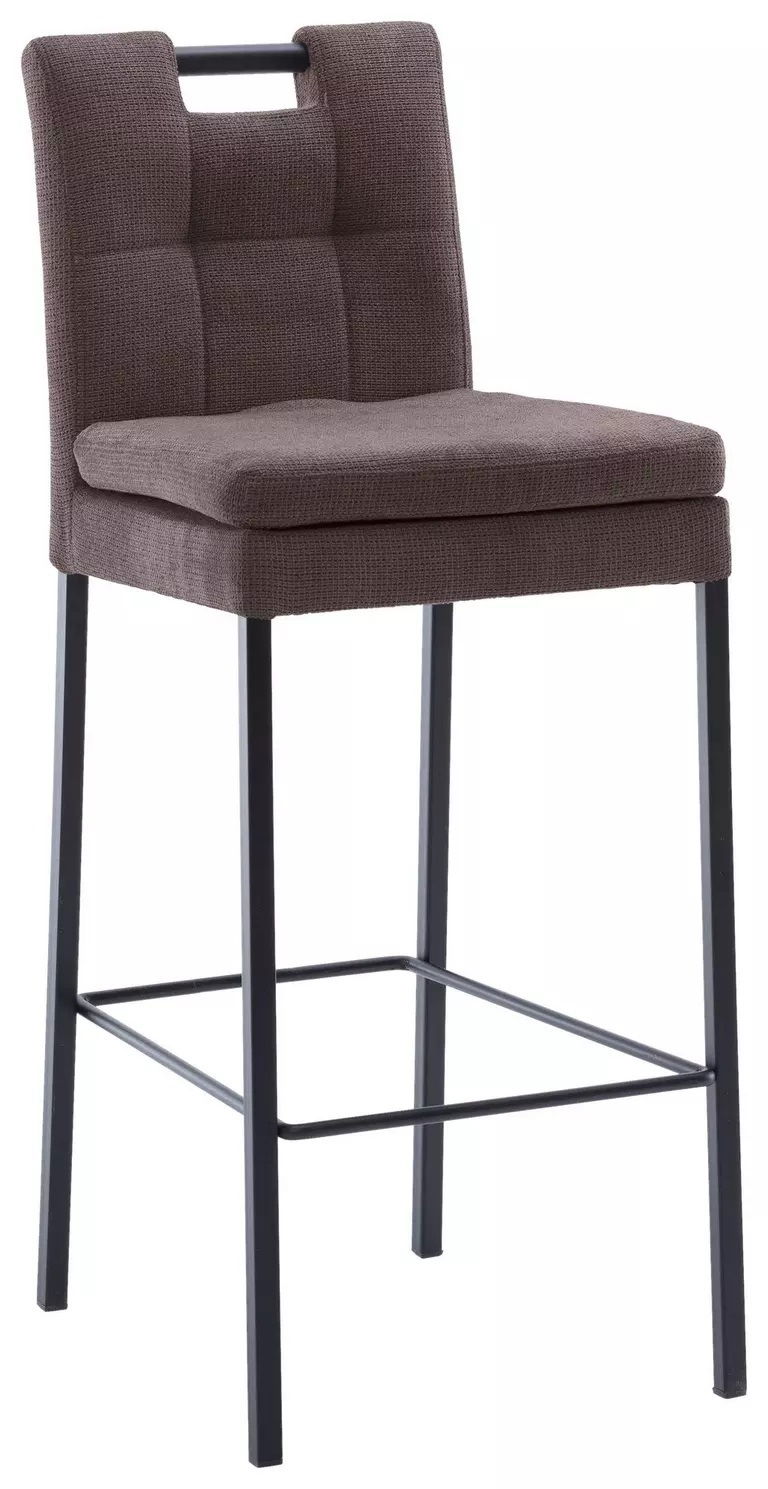 Barhocker mit gepolstertem braunem Sitz und Rückenlehne, schwarzes Metallgestell, seitliche Perspektive