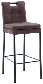 Barhocker mit gepolstertem braunem Sitz und Rückenlehne, schwarzes Metallgestell, seitliche Perspektive