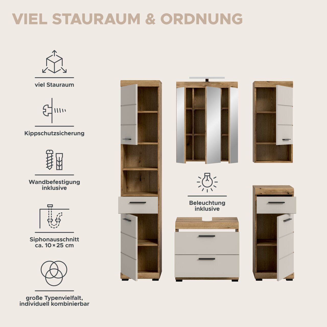 Badezimmermöbel-Set in Holzoptik mit hellgrauen Fronten: Hochschrank, Spiegelschrank und Waschtischunterschrank mit Schubladen, teils geöffnet zur Darstellung des Stauraums; Frontansicht auf hellem Hintergrund mit Icons für Kippschutz, Wandbefestigung, Si