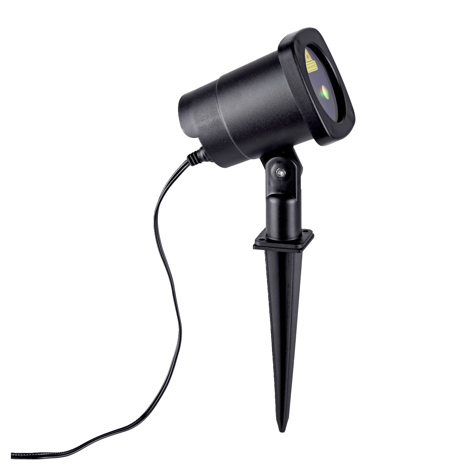 Schwarzer Outdoor-Laserprojektor mit Erdspieß und Anschlusskabel, seitliche Ansicht in leichter Schrägperspektive vor weißem Hintergrund