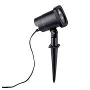 Schwarzer Outdoor-Laserprojektor mit Erdspieß und Anschlusskabel, seitliche Ansicht in leichter Schrägperspektive vor weißem Hintergrund