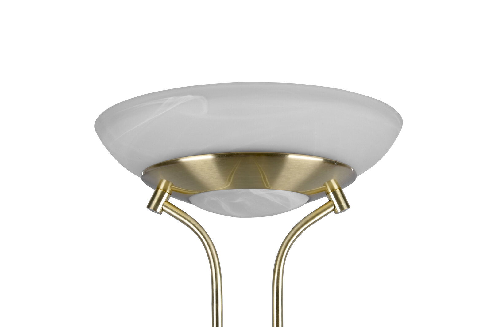 Nahaufnahme eines LED-Deckenfluters mit goldfarbenem Gestell und weißem Lampenschirm, von unten fotografiert.