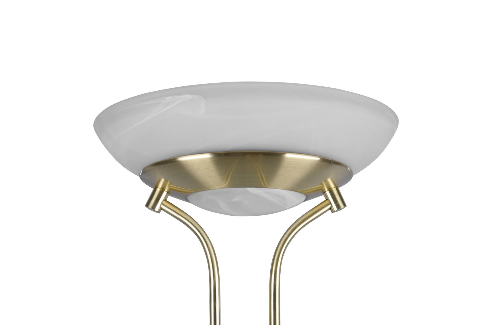 Nahaufnahme eines LED-Deckenfluters mit goldfarbenem Gestell und weißem Lampenschirm, von unten fotografiert.