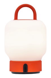 Orangefarbene tragbare Lampe mit Griff, frontal betrachtet